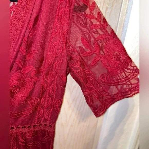 Holiday dress vibes Burgundy Deep V-Neck 1/2 Sleeves lace overlay SIZE S - Picture 11 of 16